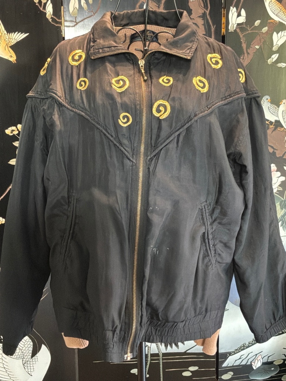 Vtg EVR Rousso Silk Bomber Jacket M Black Gold Spiral Embroidered Western Yoke